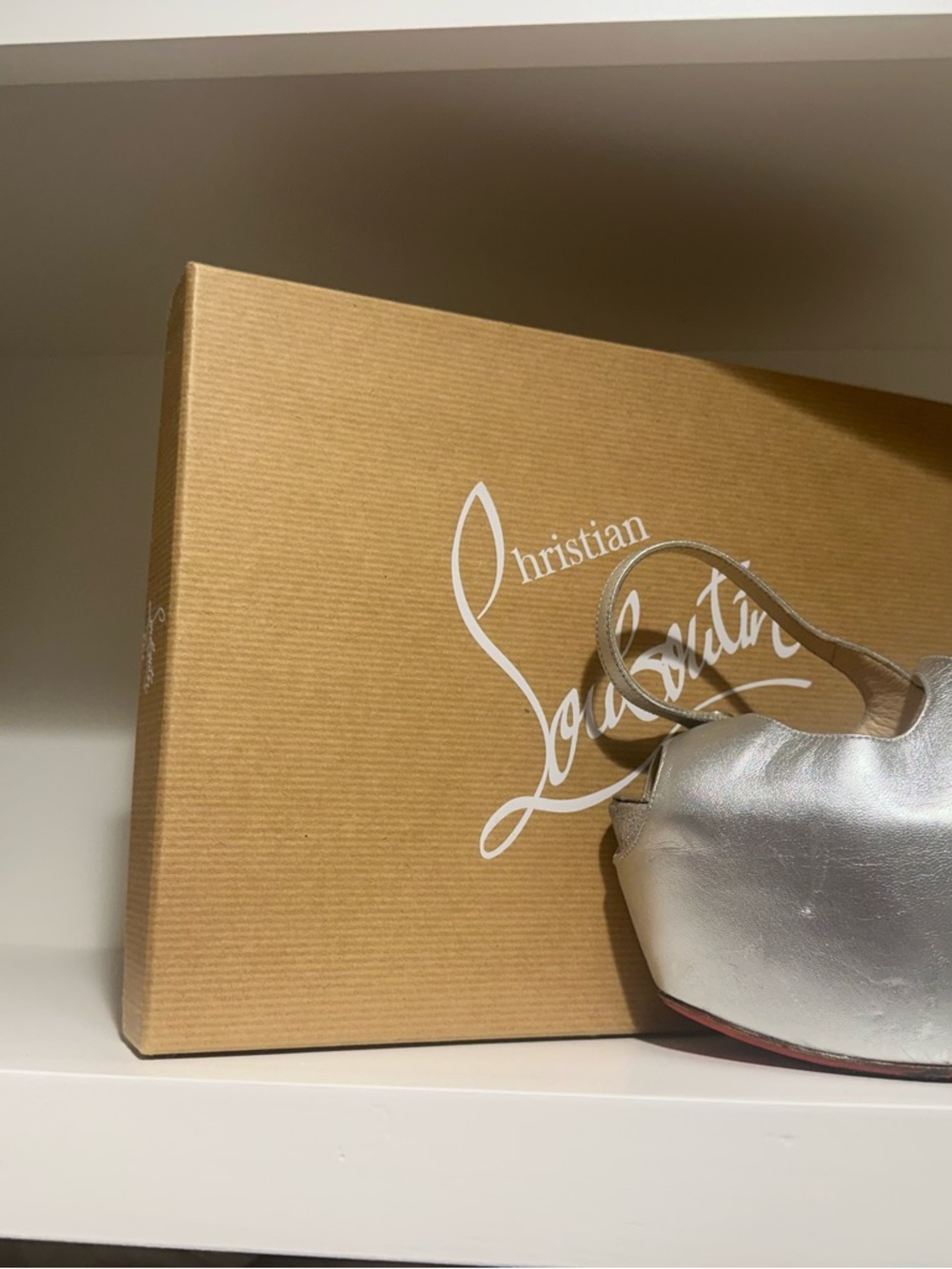Christian Louboutin Silver Satin Slingback Peep-Toe Platform